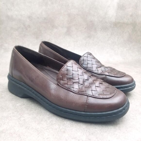 Clarks Womens Springers 31209 Size 7 Brown Leather Slip On Apron Toe Woven Loafe - Picture 1 of 10